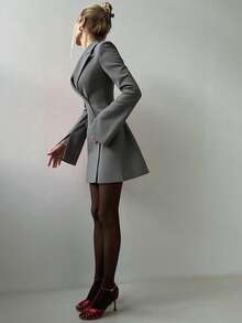 女士优雅修身喇叭袖双排扣开衩袖口及下摆西装外套，适合商务休闲通勤、日常办公穿着、约会、度假、派对、街头穿搭等场合，春季必备。 - 灰色 - 查看 9