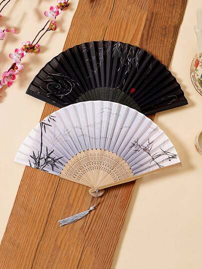 1把/3把装中式折扇，女士舞扇，夏季折叠扇，复古布艺古典扇，家居装饰（由于拍摄角度原因，颜色和手柄图案可能略有差异，但不影响使用。如果您对此非常在意，请勿购买。）