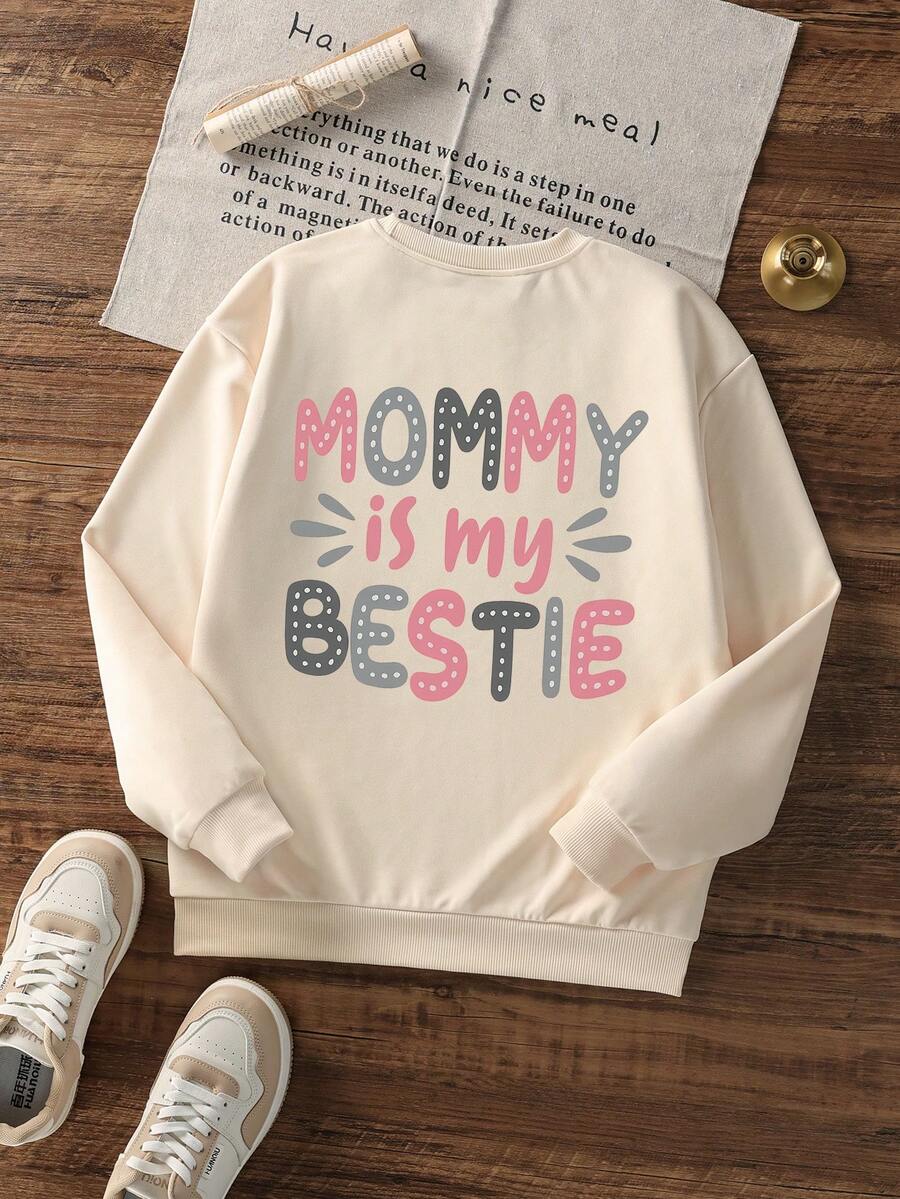 1 件女童休闲印花圆领运动衫，学生长袖上衣，秋冬 - 杏色 - 查看 1