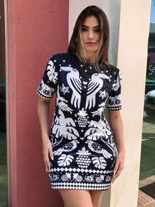 Women's Casual Printed Short Shirt Dress Blouse Dress Women's Dresses Women's Tshirt Dress Women's T-Shirt Dress - 黑與白 - 查看 3