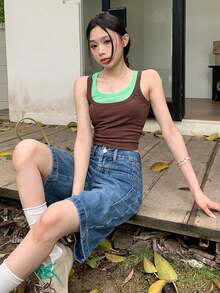 Quần short denim ống rộng chữ A màu xanh cổ điển ôm sát, nhẹ - Màu xanh lam - Xem 4