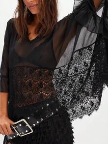 Women's Y2K Lace Poncho Top V Neck Batwing Sleeve Sheer Top See Through Ruffle Flowy Chiffon Blouse Loose Going Out Shirt Beach Party Streetwear - 黑色 - 查看 2