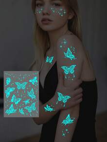 1 Sheets Large Size Blue Luminous Butterfly Tattoo Stickers For Women, Glow In The Dark, Waterproof Temporary Tattoo For Music Festival Party - Multicolor - View 1