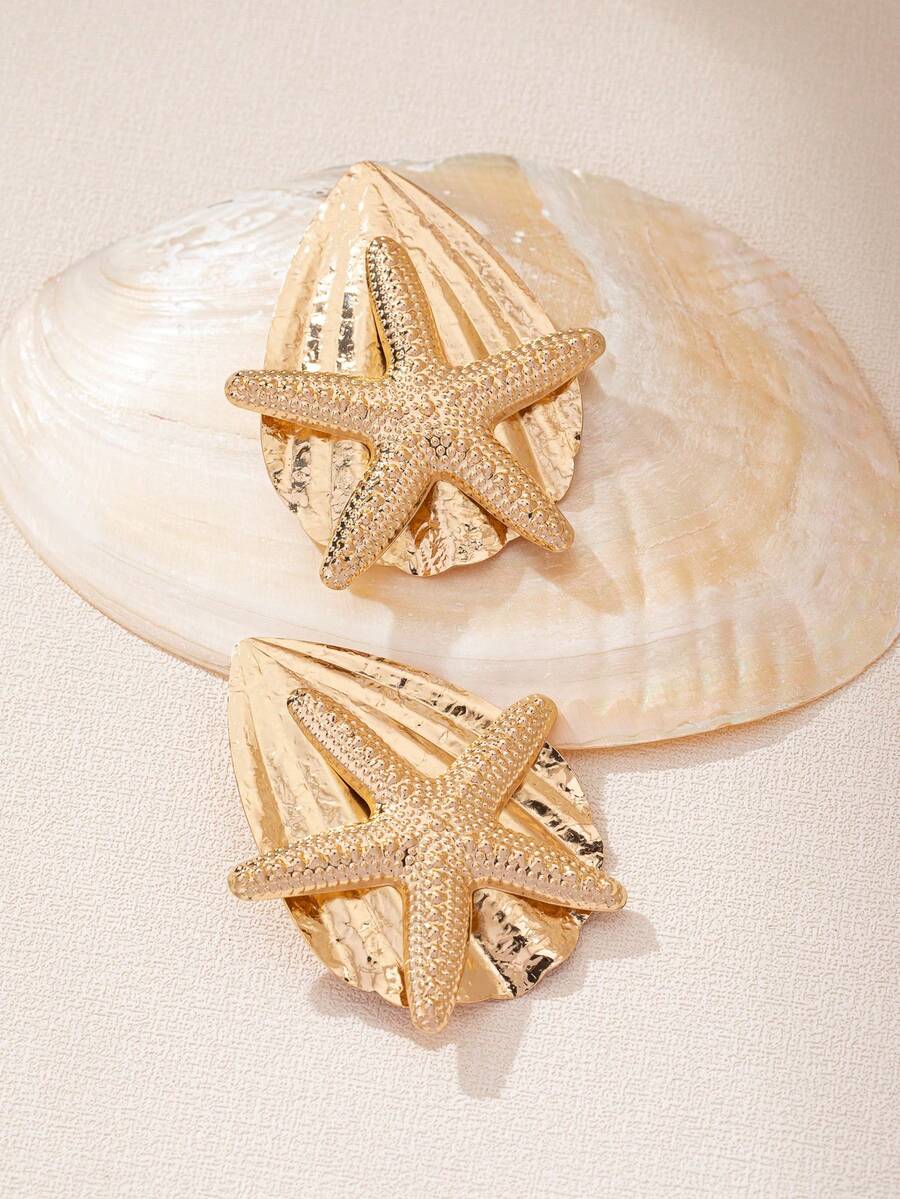 1 par de pendientes colgantes con estrella de mar y concha, aptos para uso diario - Pendientes de estrella de mar con concha dorada - Ver 1