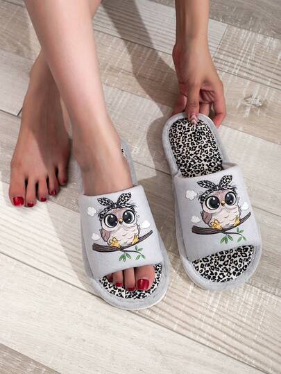 1 Par de Zapatillas bohemias con diseño de búhos y moños lindos, de punta abierta, ligeras y casuales para usar en casa, con estampado de leopardo, apropiadas para primavera/otoño
