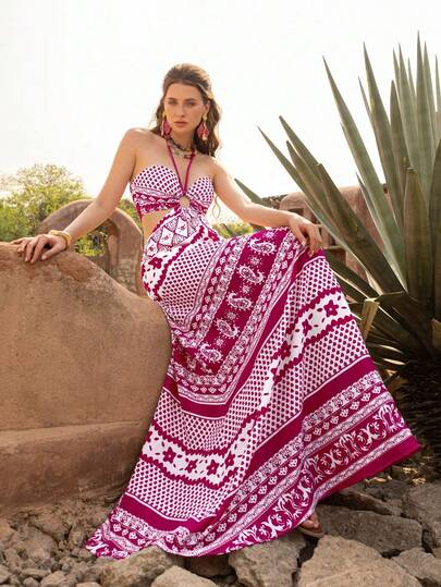 Faeriesty BohoBloom Fashionable Backless Camisole Maxi Dress - Waist Cutout Design + Back Ruched Texture + Bohemian Floral Print - Suitable For Casual Daily Wear, Beach Vacation, Music Festivals, Weekend Getaways And More