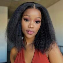 200% Density Kinky Straight Bob Wig Human Hair Wigs Yaki 13X4 HD Transparent Short Bob Lace Front Wigs - Natural Black - 查看 4