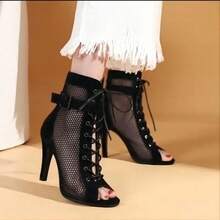 European And American Lace-Up Fish Mouth Mesh Sandals For Women, Size 25, Thin-Heeled Hollowed-Out Jazz Dance High Heels For - 黑色絨面 - 查看 2