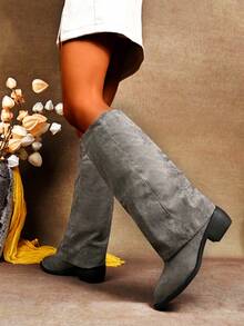 波西米亚风格女式绒面粗跟高筒靴，波西米亚风格，灰色，秋冬时尚靴子 - 灰色 - 查看 6