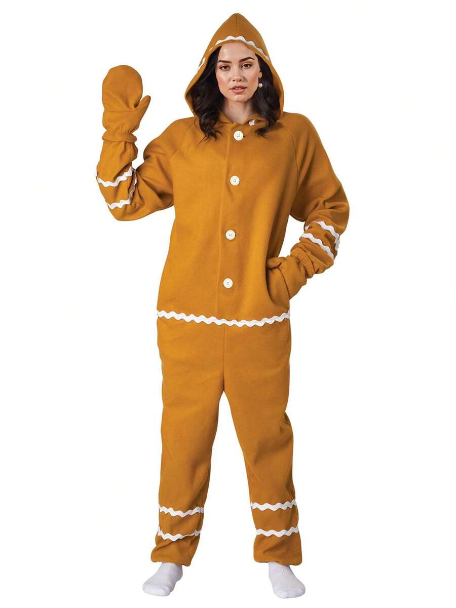 Adult Women Gingerbread Man Costume Long Sleeve Hooded Patchwork Christmas Jumpsuit Cosplay Costume