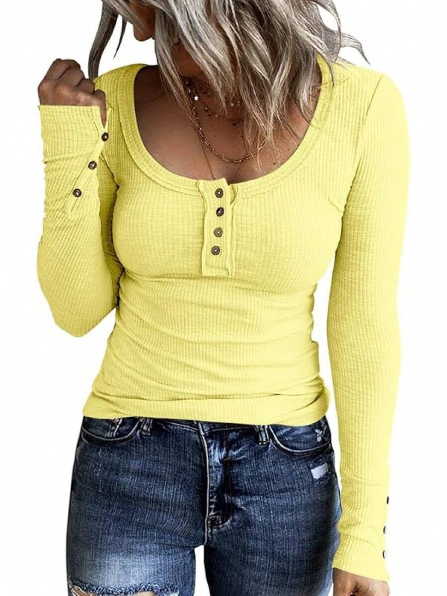 Women's Long Sleeve Henley T Shirts Button Down Slim Fit Tops Scoop Neck Ribbed Knit Shirts/Vacation Outfits Women/Valentine Outfits For Women - 黃色 - 查看 1