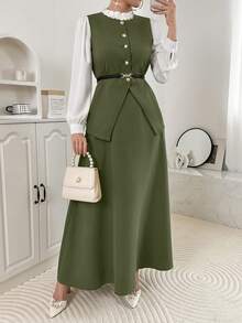 女士纯色单排扣无袖外套和中长裙套装，教师装、商务休闲装、返校季服装、夏季外出装 - 橄欖綠 - 查看 3