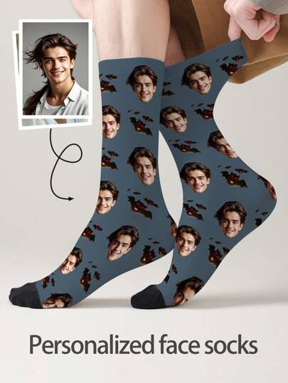 1 Pair Of Customized Face Men's Mid Tube Socks, Put Any Face On Socks, Personalized Socks For With Photos, Interesting Customized Picture Pairs With Medium To Long Socks, Suitable For Valentine's Day, Birthdays, Gift Giving, Halloweenand Other Occasions,Personalized