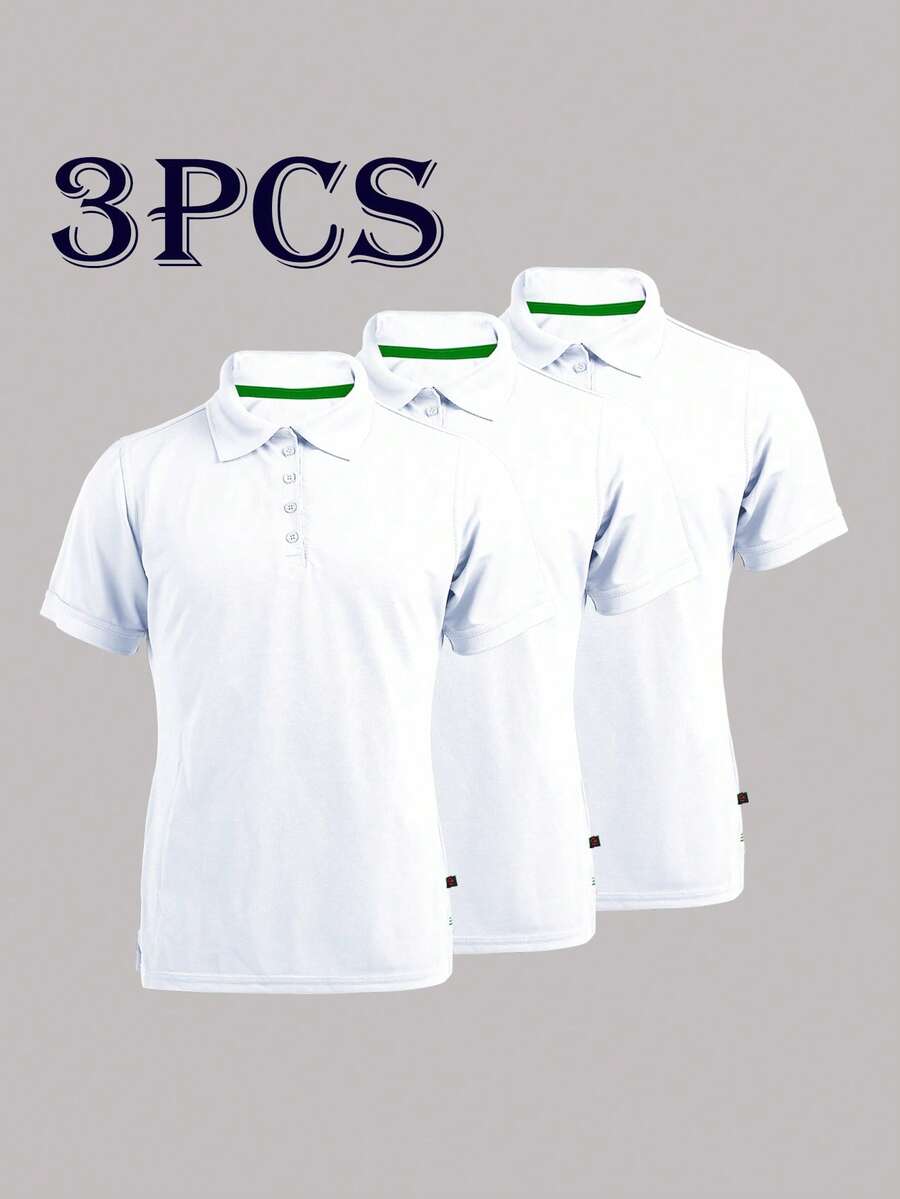 3PCS Women's Solid Pique Polo Shirt - Short Sleeve, Ribbed Collar - 白色 - 查看 1