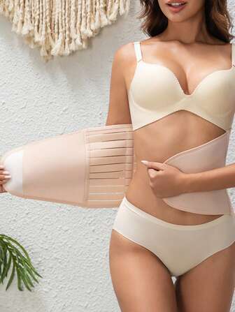 1pc Women's Apricot Adjustable Hook And Loop Waist Cincher, Breathable Postpartum Belly Band Waist Trainer