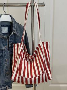 Bolso de lona a rayas retro elegante, de gran capacidad, espacioso y versátil, ideal para el trabajo, la escuela o salir, bolso escolar, bolso de lona, bolso de playa, bolso de compras [Colocación aleatoria de colores a rayas verticales]