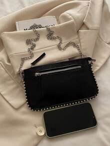 Túi cầm tay hình phong bì, Túi xách thời trang, Túi xách nữ bằng bạc sáng chế, Túi đeo vai/túi đeo chéo có dây xích, Ví vuông nhỏ có khóa kéo - màu đen - Xem 5