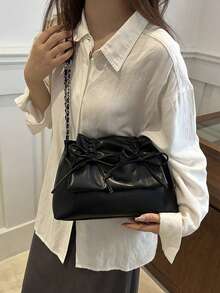 蝴蝶结装饰 1 件黑色抽绳褶蝴蝶结装饰 Pu Mate Rial 翻盖拉链单肩包，配有可调节肩带，适合日常通勤装使用，时尚蝴蝶结钱包，适合女士