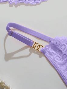 性感内衣，时尚粉色花卉蕾丝文胸内裤套装，无钢圈文胸和内裤 - 紫羅蘭色 - 查看 6