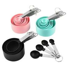 8 件量杯和量勺套装，塑料主体配不锈钢手柄量勺，烘焙工具组合带测量标记