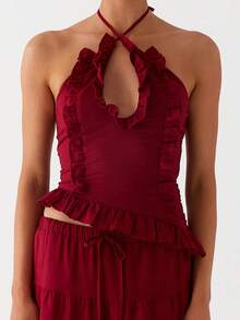 Women Ruffle Frill Halter Tops Sexy Cutout Backless Cami Tanks Asymmetrical Hem Y2K Slim Fit Cute Going Out Top - Màu Đỏ Sâu - Xem 2