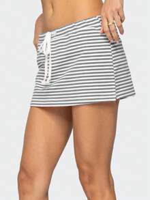 Women Y2k Mini Skirts Solid Color Low Rise Drawstring Skirts Elastic Waist Bow Front Short Skirt Stretchy Side Slit Pencil Skirts Summer Casual Streetwear - 淺灰色 - 查看 5