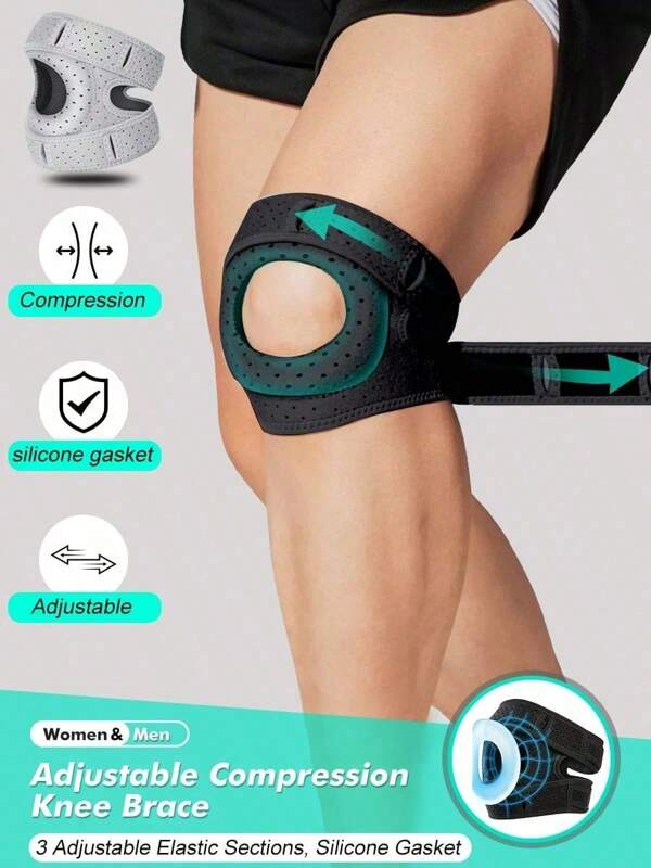 1 Pc-Adjustable Elastic Patella Knee Brace For Knee Discomfort, Knee Compression Sleeve Knee Brace, Workout Knee Pads For Women And Men-Suitable For Basketball, Tennis, Fitness, Running-10cm/4in Above Knee Circumference:30-56cm/12-22in, Black/ Grey Gym Accessories Knee Support