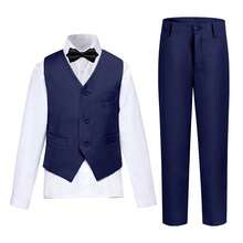 Boys Suits 4-Pieces Suit Set Toddler Tuxedos Dresswear Ring Bearer Outfit Wedding Vest Pants Shirts Tie Formal Suits For Kids Navy Blue Size 3-10Y