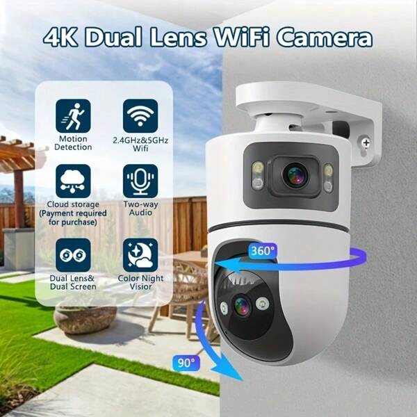 Cámara de seguridad inalámbrica para el hogar 4K, con alimentación por USB, interfaz tipo C, detección de movimiento, audio bidireccional, visión nocturna a color, reconocimiento inteligente de Body humano, alarma de sonido y luz, control remoto por aplicación, uso compartido entre varias personas, cámara multifuncional para hogar/comercio, monitoreo de ancianos/adolescentes/mascotas, lentes y pantallas duales, monitoreo de 360°