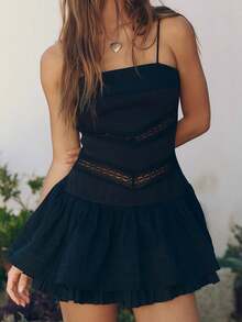 Women Y2k Mini Dress Summer Beach Vacation Boho Dress Lace Pachwork Short Ruffle Dress Spaghtti Strap Cami Dresses Bodycon A-Line Dress Streetwear Bohemian Clothes - 黑色 - 查看 1