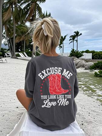 Women's Summer Street Red Boots Graphic Personalized Print Round Neck T-Shirt, Western Style Top