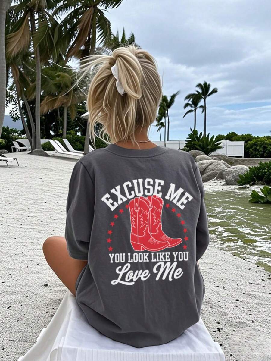 Women's Summer Street Red Boots Graphic Personalized Print Round Neck T-Shirt, Western Style Top - Dark Grey - View 1