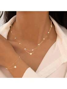 Conjunto de 2 peças minimalista com contas de coração, colar e pulseira de pérolas artificiais, conjunto de joias, presente para mulheres para encontros/férias