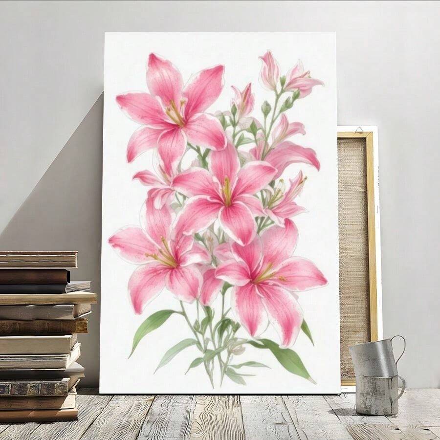 1Pc Framed Wall Art Pink Lilies, Floral Decoration, Watercolor Style Canvas Poster Paintings Ideal Gift For Living Room Bedroom Corridor Wall Decor Room Decoration Ready To Hang - 彩色 - 查看 1
