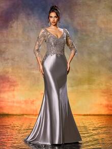 LVNES elegantes silbernes Satin Brautmutterkleid, figurbetontes langes Abendkleid oder Hochzeitsgast-Kleid - Silber - Übersicht 1