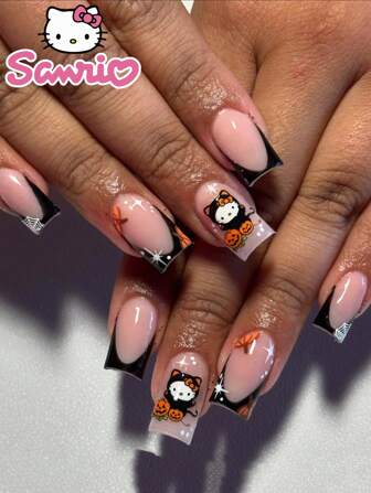  24Pcs Short Square Fake Nails With Black French Manicure, Spider Web & Pumpkin Pattern, Sanrio Hello Kitty Style, Suitable For Daily Wear, Party & Events (Includes 1Pc Nail Glue And 1Pc Nail File) Press On Nails Nail Supplies Nails