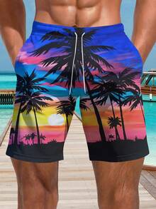 Men's 3D Summer Colorful Sunset Coconut Tree Printed Beach Shorts Vacation,Hawaiian - Multicolor - View 1