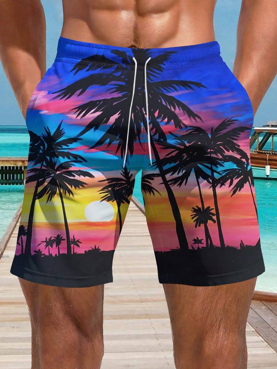 Men's 3D Summer Colorful Sunset Coconut Tree Printed Beach Shorts Vacation,Hawaiian - Multicolor - View 1