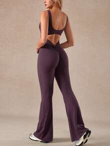 女士时尚无缝瑜伽连体衣，性感露背设计，舞蹈健身服，柔软舒适夏季运动紧身衣 - 紫色 - 查看 5