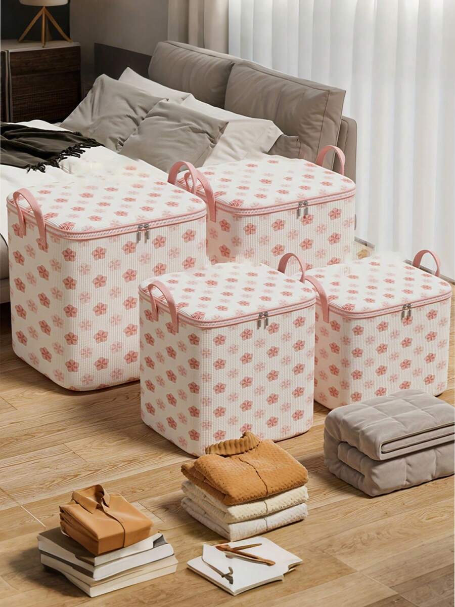 1pc Bohemian Floral Print Foldable Storage Box With Zipper Closure, Large Capacity Polyester Material, Suitable For Clothes, Quilts, Dorm Room And Closet Organization - Multicolor - View 1
