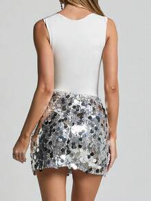 Beauace Sequined Metallic Mini Skirt, High Waist Bodycon Style,Party Evening Wear - Silver - View 7