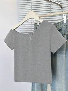 1 件女式休闲不对称领口短袖短款上衣，合身 - 灰色 - 查看 9