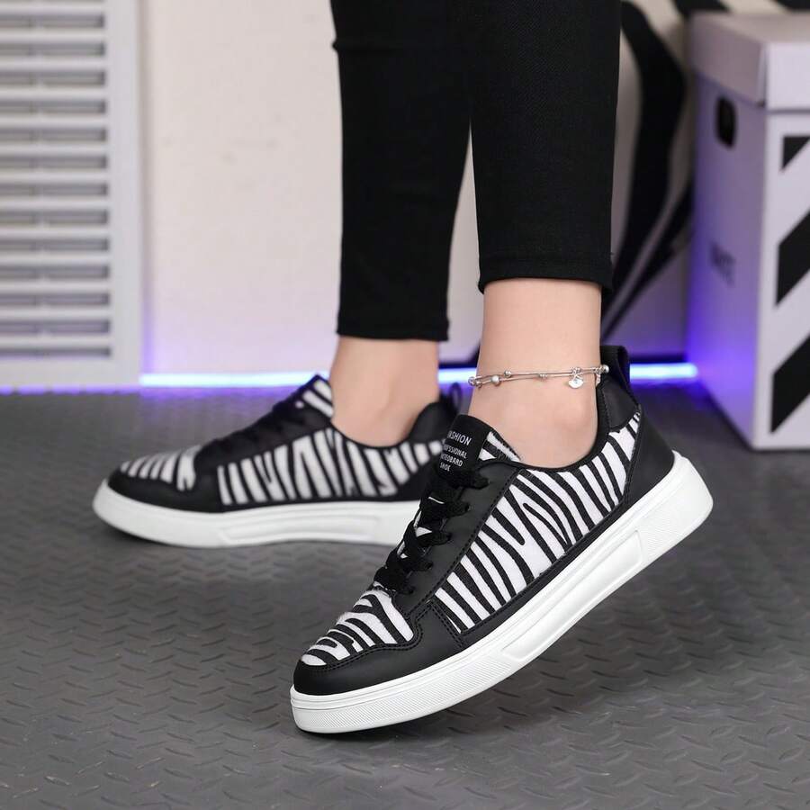 2025 New Zebra Print Women's Shoes - EVA Soft Sole Lace-Up Casual Sneakers, Chic Checkerboard Fashion Slip-On, Versatile Everyday Sports Plimsolls