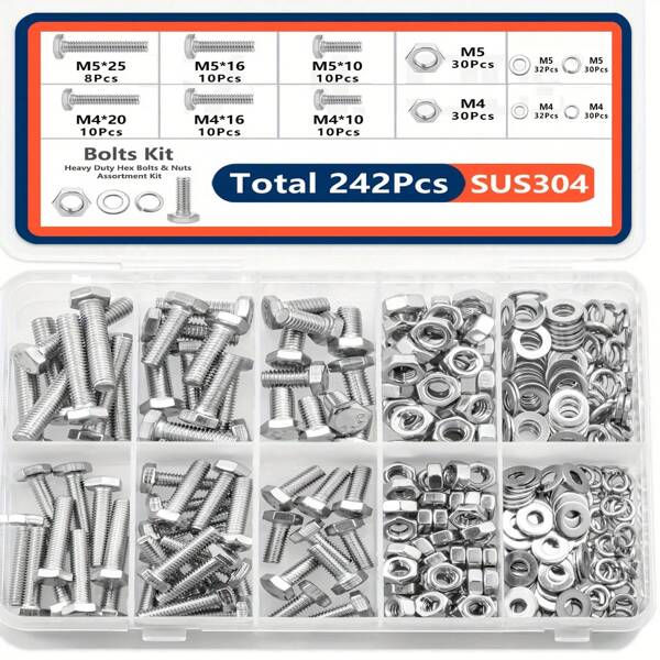 242pcs Stainless Steel Hex Head Nuts And Bolts Assortment Kit, M4 M5 Sizes, With Flat & Spring Lock Washers, Anti-Rust, Easy To Install, Premium Quality, In Storage Case