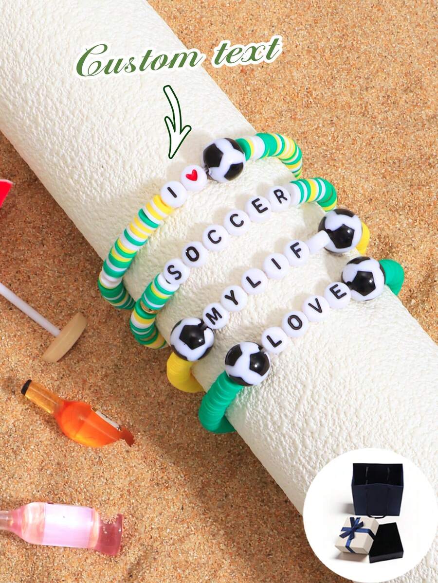Customized Bead Bracelet Set, Summer Beach Vacation Sporty Soft Ceramic Beads Bracelet, Energetic & Fresh Sports Football Letter Bracelets, Customizable With Name, Album, Concert Slogan, Suitable As Gift For Girlfriend, Friends