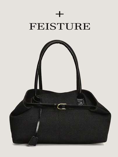 FEISTURE 1 件黑色牛仔布手提包，带肩带装饰，大容量单肩包，带磁扣，适合女孩、女士、大学生、办公室职员和专业人士，非常适合工作、商务、通勤和上学