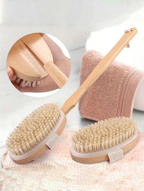 1pc High Quality Long Handle Wooden Shower Brush, Bath Brush, Natural Bristles, Removable For Back Massage And Exfoliation, Great For Dry Skin Exfoliation And Body Massage, Removable Design, Ergonomic Design, Smooth And Vibrant Skin, No Fragrance, No Battery Required