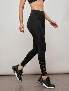 压缩运动紧身裤，网眼拼接设计，侧边手机口袋 - 黑色 - 查看 2