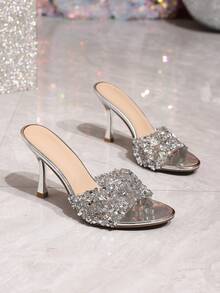 Elegant Women's High Heel Slip-On Slide Sandals, Summer Vacation Style, Glossy Sexy Slip-On French Mule Shoes For Party, Ball And Holiday - Silver - View 6