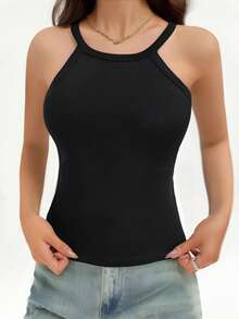 1 Peça Regata Ajustada Feminina de Cor Sólida BASICS, Parte Superior de Malha Canelada Casual - Preto - Visão 3